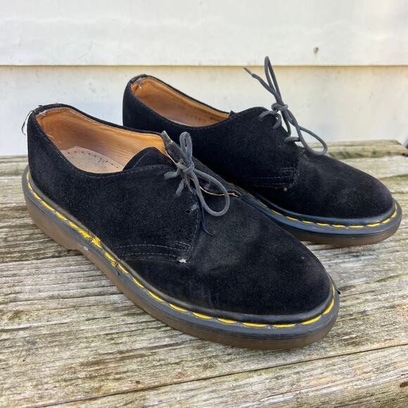 Vintage 90s Dr Martens Black Velvet 3 eyelet chunky oxfords Made in England USW5 - Picture 1 of 8